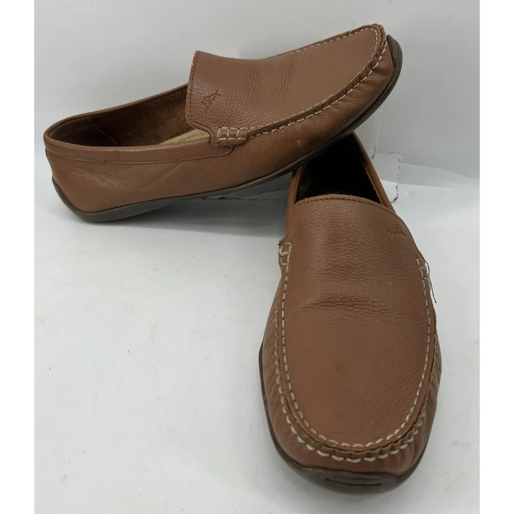 Tommy Bahama Orion Tan Pebbled Leather Loafers Contrast Stitching Men's 12D